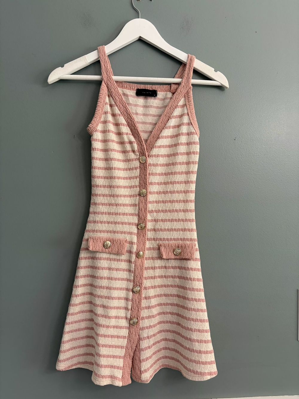 Saint Pink Striped Knit Tank Dress Size XS Gold Buttons Faux Pocket Preppy Old M